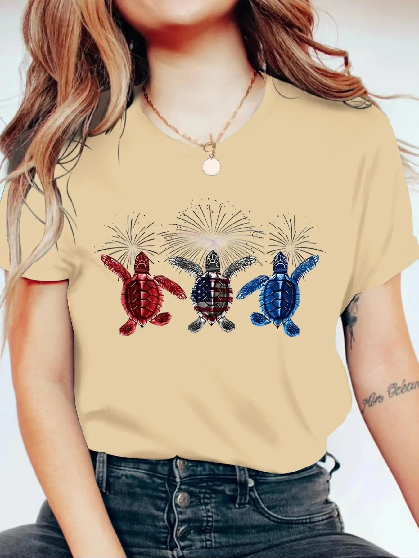 Women's Turtle & Firework Print Round Neck Tee, Casual Short Sleeve Crew Neck T-shirt for Daily Wear, Ladies Clothes for...