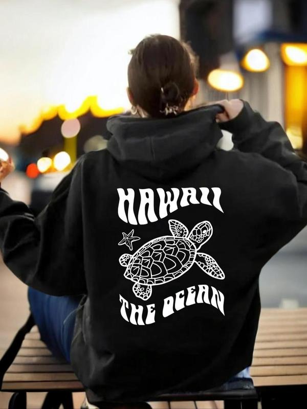 Women's Turtle & Letter Print Drop Shoulder Hoodie, Fashion Casual Drawstring Pocket Hooded Sweatshirt for Daily Holiday...