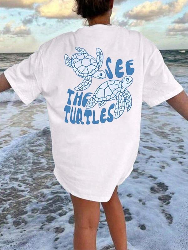 Turtle & Letter Print Round Neck Casual Drop Shoulder Half Sleeve Summer T-Shirts, Hoodie, Sweatshirt