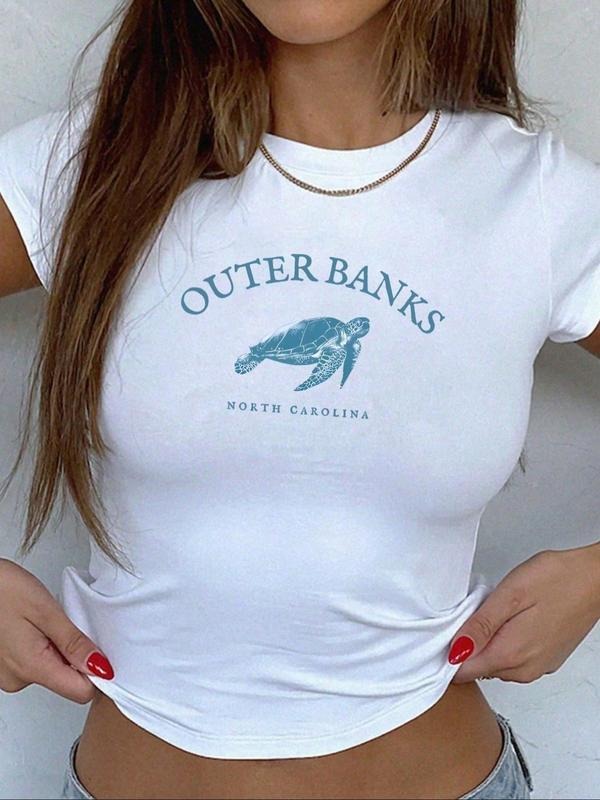 Women's Turtle Print Round Neck Tee, Casual Short Sleeve Crew Neck T-Shirt for Summer, Fashion Women's Top for Daily Wear...