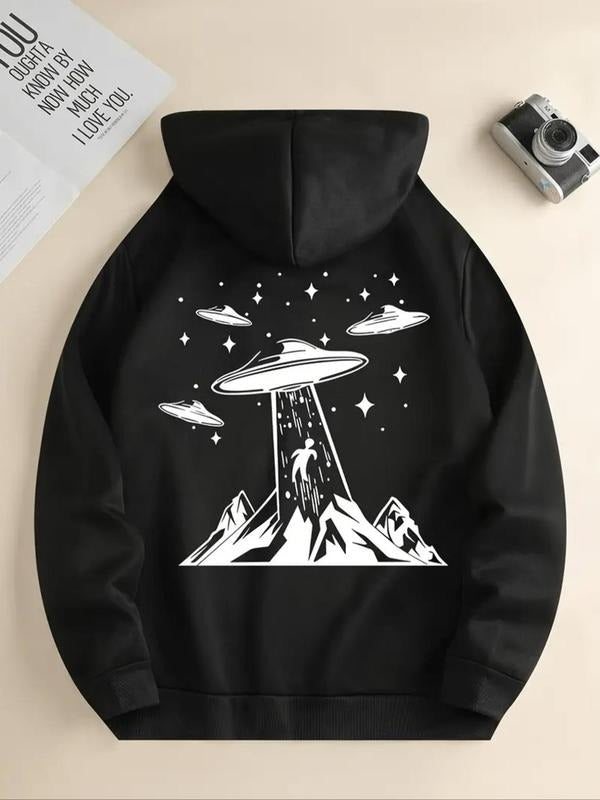 Women's UFO & Mountain Print Drop Shoulder Hoodie, Fashion Casual Drawstring Pocket Hooded Sweatshirt for Daily Holiday...