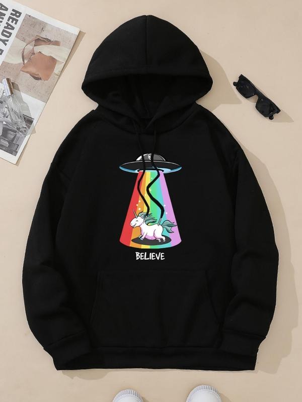Women's Unicorn & UFO Print Drawstring Pocket Hoodie, Casual Drop Shoulder Long Sleeve Hooded Sweatshirt, Women's Fall &...