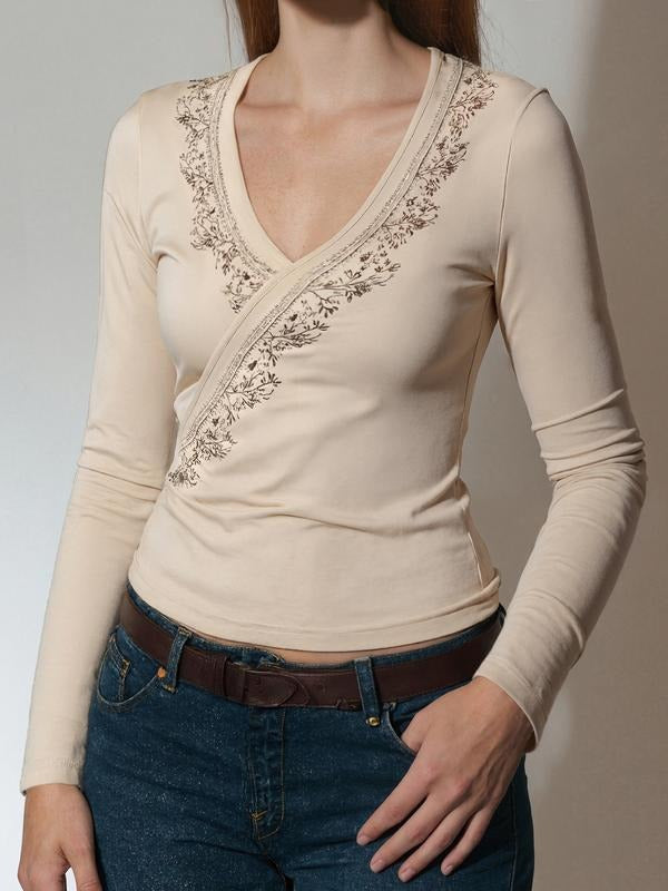 Women's V Neck Embroidered Sequins Long Sleeve T-Shirt, Casual Slim Fit Basic Top for Fall Season, Stylish Ladies'...