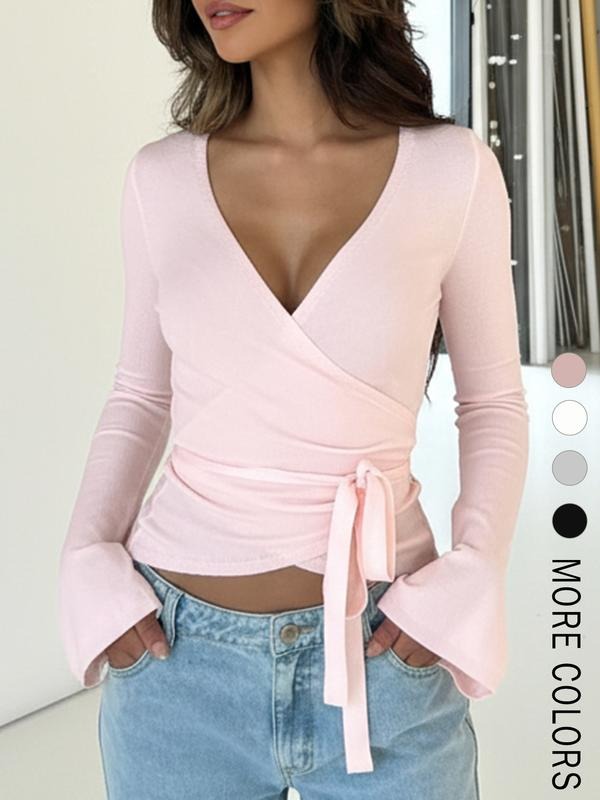 Women's V Neck Long Sleeve Cross Tie Fleece Lined T-Shirt, Y2K Casual Streetwear Basic Top, Fall & Winter Slim-Fit Plain...