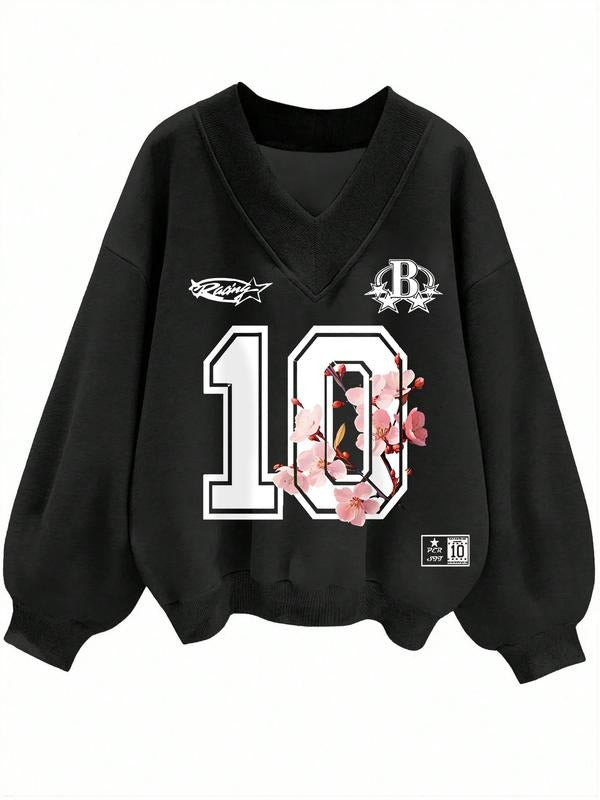 Women's V Neck Long Sleeve Sweatshirt, Peach Blossom Pattern with Number 10, Comfortable and, Casual Fall & Winter Wear...