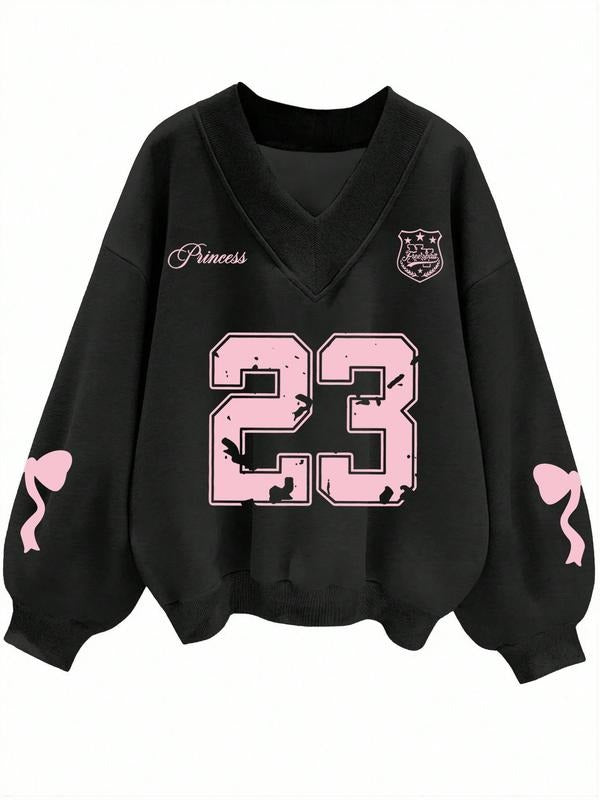 Women's V Neck Sweatshirt with Bowknot Pattern and Number 23 Print, Easy to Match Any, Casual Long Sleeve for Spring &...