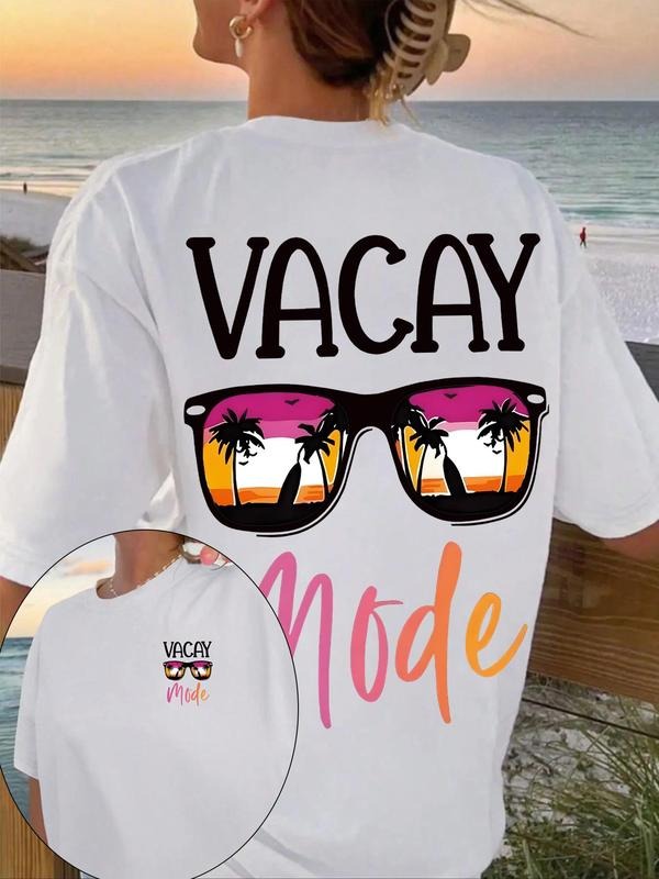 Women's Vacay Mode Sunglasses Print Round Neck Graphic Tee, Vintage Trendy Casual Short Sleeve T-shirt for Daily Wear,...