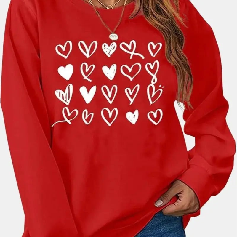 Women's Valentine Sweatshirt with Love Heart Design, Long Sleeve Pullover Top - Cotton, Fabric T-Shirts, Hoodie
