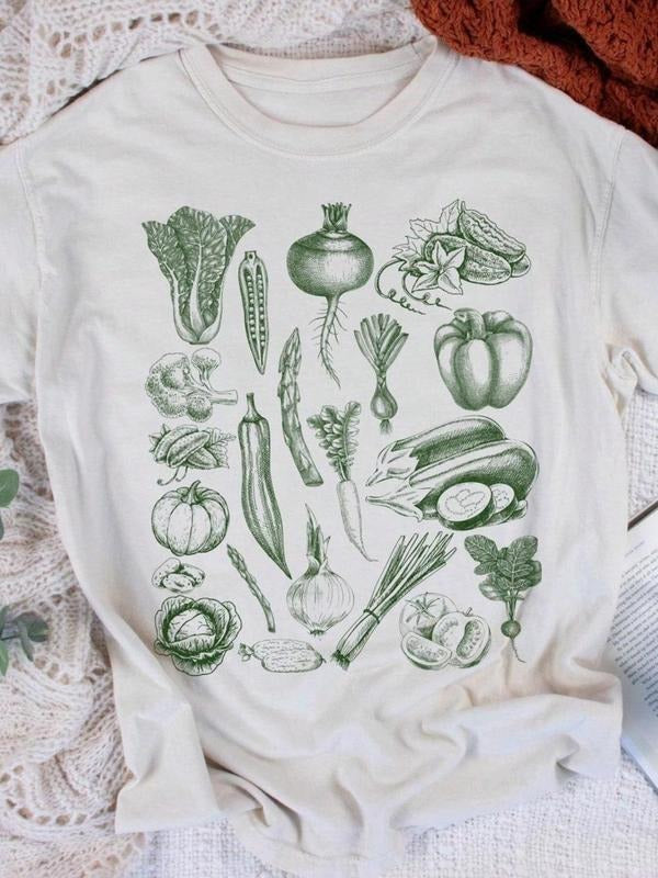 Women's Vegetables Print Round Neck Tee, Vintage Trendy Casual Short Sleeve T-shirt for Daily Wear, Ladies Summer, Top...
