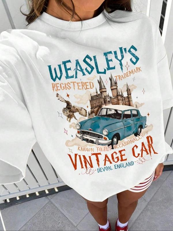 Women's Vintage Car & Castle Print Round Neck Tee, Casual Short Sleeve T-shirt for Summer, Women's Top for Daily Wear...