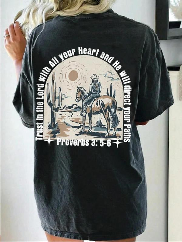 Women's Vintage Cowboy & Letter Print Round Neck Tee, Casual Graphic Short Sleeve T-Shirt for Daily Wear, Ladies Clothes...
