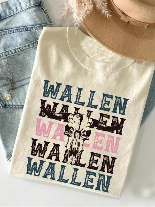 Women's Vintage Cowboy Wallen T-Shirt, Casual Letter Print Short Sleeve Crew Neck Tee, Women's Top for Daily Wear, Summer...