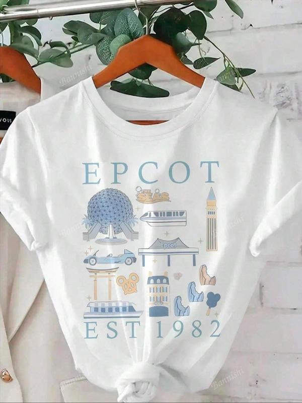 Women's Vintage Epcot Est. 1982 Shirt, Casual Letter Print Round Neck Graphic Tee, Women's Summer Tops for Daily Wear...