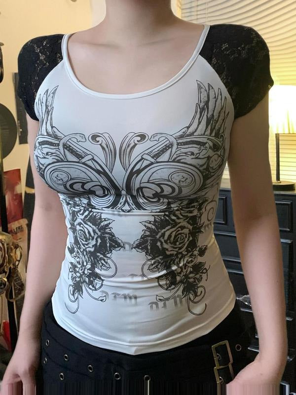 Women's Vintage Floral Print Contrast Lace Raglan Sleeve Tee, Fashion Casual Short Sleeve T-shirt for Daily Holiday...