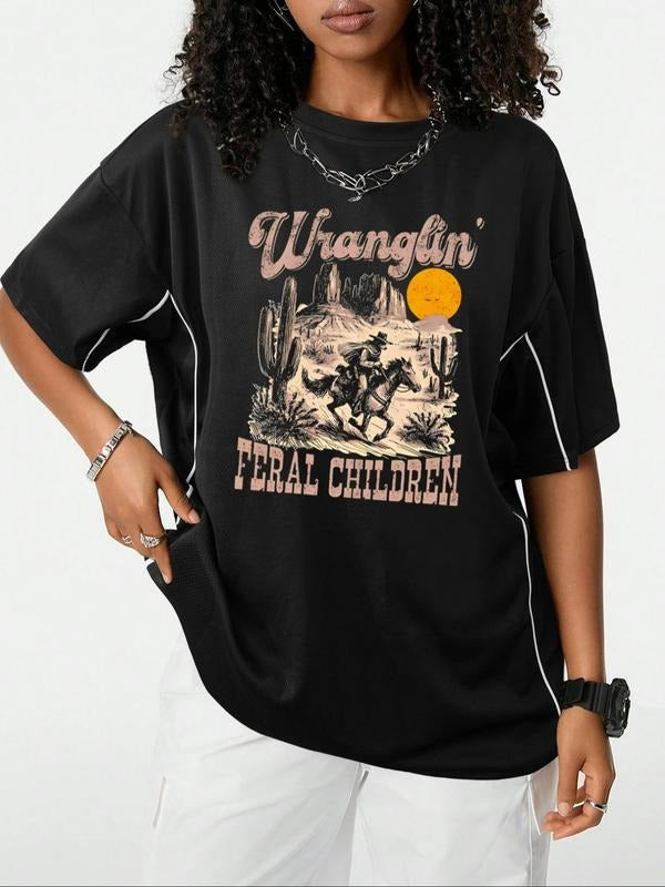 Women's Vintage Letter & Cowboy Print Round Neck Tee, Casual Country Music Cowgirl Graphic T-Shirt for Daily Wear, Ladies...