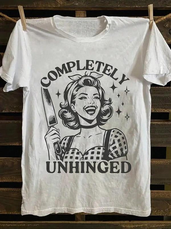 Women's Vintage Letter & Geometric Print Round Neck Tee, Casual Short Sleeve Crew Neck T-shirt for Summer, Women's Top...