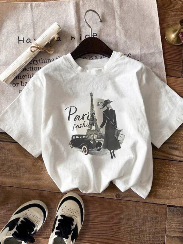 Women's Vintage Pairs Graphic Round Neck Tee, Casual Car & Figure Print Short Sleeve T-shirt for Summer, Women's Top for...