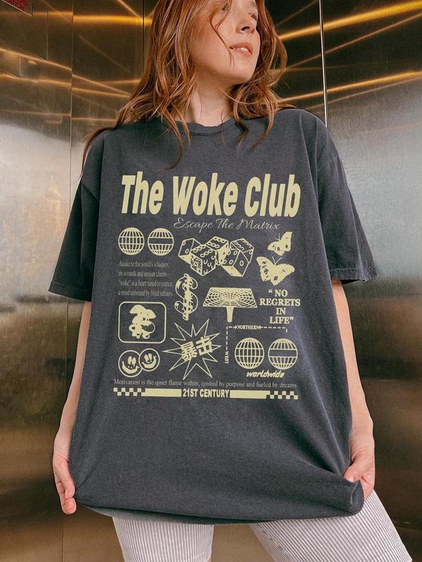 Women's Wake Up The Woke Club Round Neck Graphic Tee, Fashion Casual Short Sleeve T-shirt for Daily Wear, Ladies Summer...