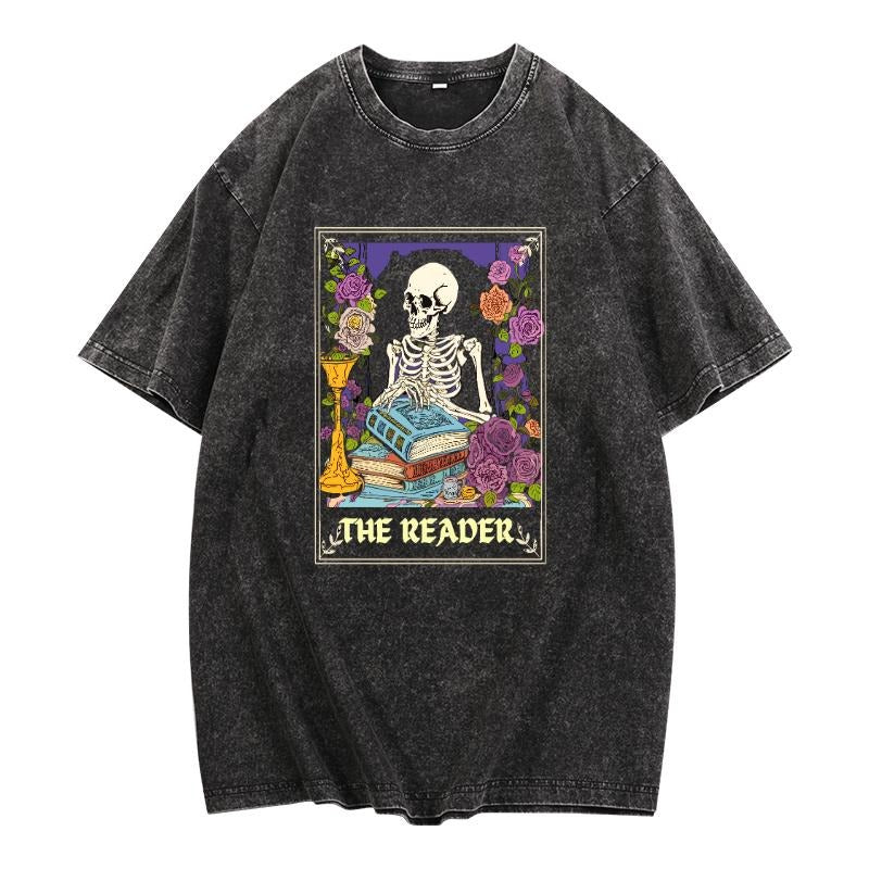 Women's Washed T - Shirt: Immerse in the Mysterious World of 'The Reader' with a Distressed, Skeleton