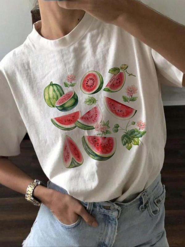 Women's Watermelon Print Crew Neck Tee, Casual Short Sleeve T-Shirt, Ladies Summer Outfit Hoodie, Sweatshirt