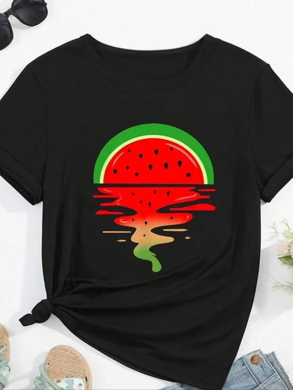 Women's Watermelon Print Round Neck Tee, Casual Short Sleeve Crew Neck T-Shirt for Summer, Fashion Women's Top for Daily...