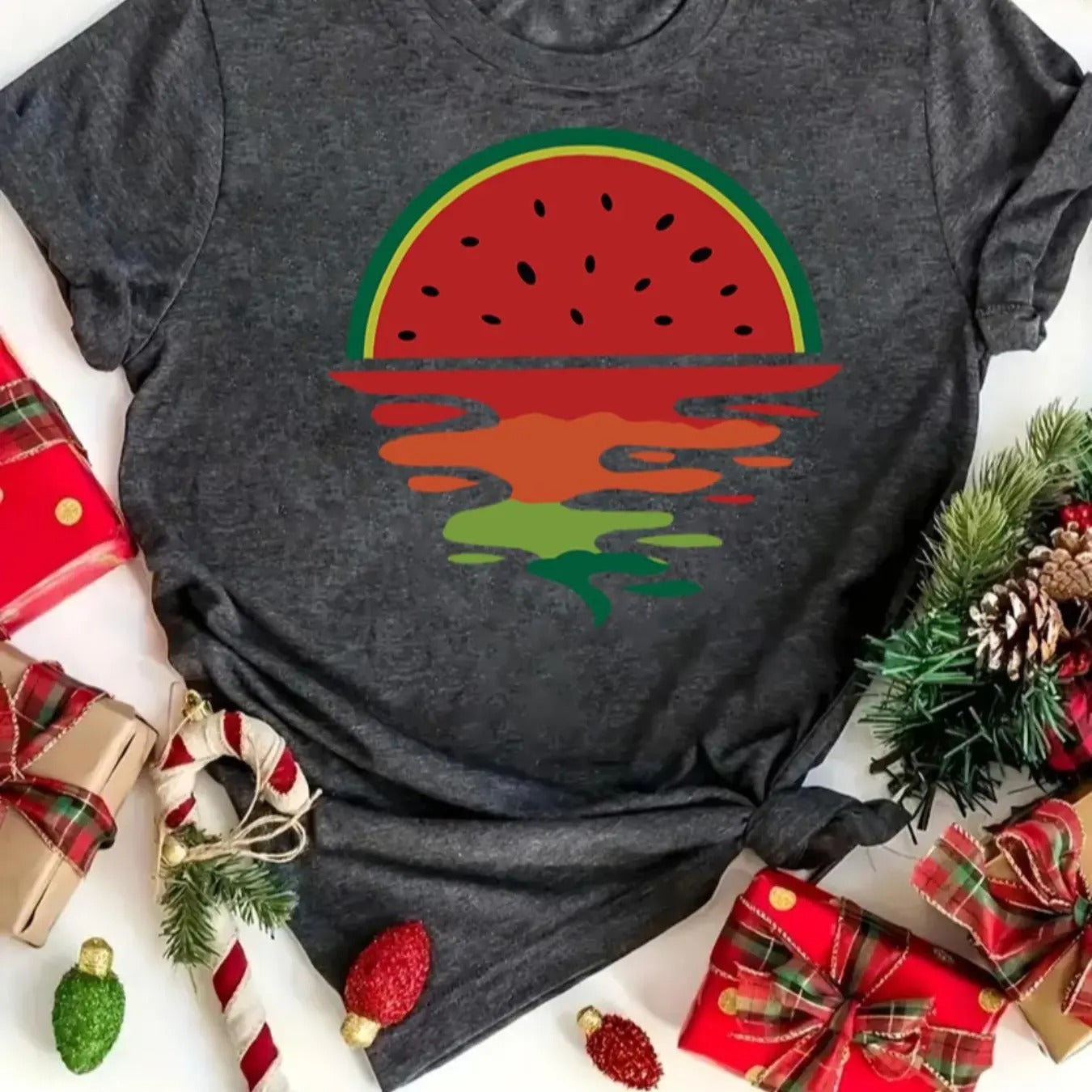 Women's Watermelon Print Round Neck Tee, Casual Short Sleeve Crew Neck T-shirt for All Seasons, Fashion Women's Top for...