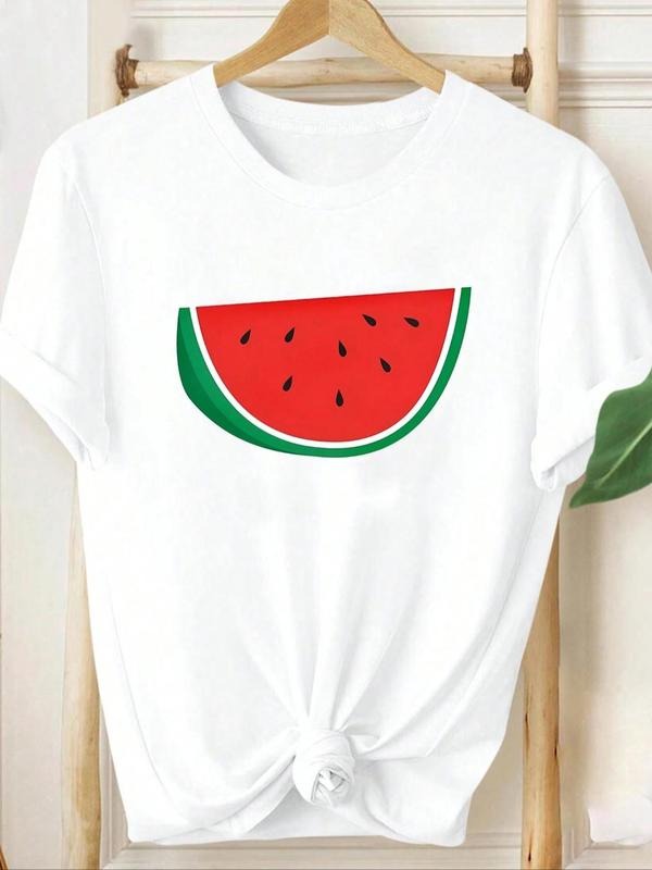 Women's Watermelon Print Round Neck Tee, Casual Short Sleeve Crew Neck T-shirt for Summer, Fashion Women's Top for Daily...