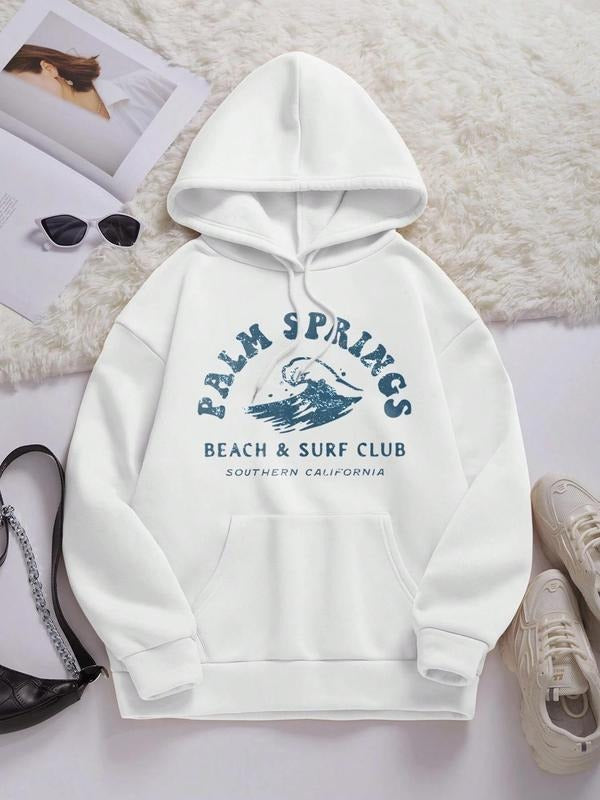 Women's Wave & Letter Print Drop Shoulder Hoodie, Fashion Casual Drawstring Pocket Hooded Sweatshirt for Daily Holiday...