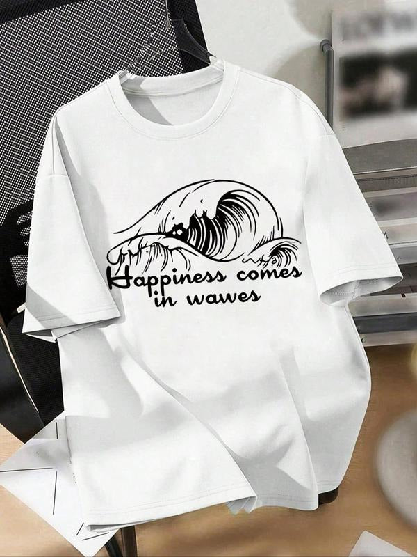 Women's Wave & Letter Print Round Neck Tee, Trendy Casual Short Sleeve T-shirt for Daily Wear, Ladies All Seasons Clothes...