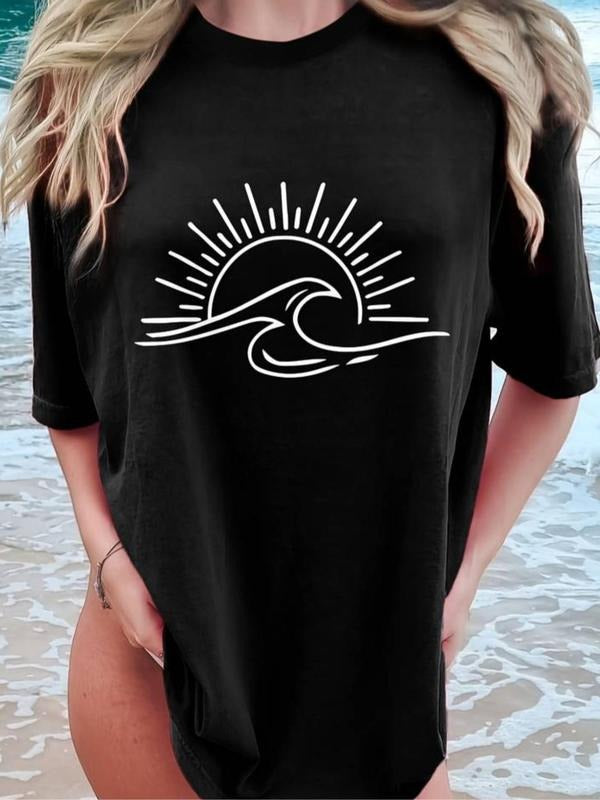 Women's Wave & Sun Print Round Neck Tee, Casual Short Sleeve Crew Neck T-Shirt for Summer, Fashion Women's Top for Daily...