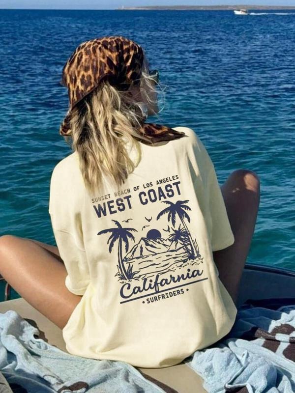 Women's West Coast California Graphic Print Round Neck Tee, Vintage Trendy Casual Short Sleeve T-shirt for Daily Wear,...