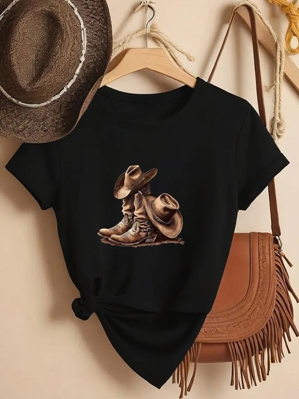 Women's Western Cowboy Boot Cap Trendy Short Sleeve T-Shirt, Comfortable Casual Daily Wear Top, Geometric Pattern Fitted...