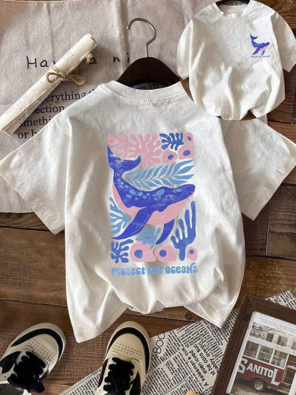 Women's Whale & Floral Print Round Neck Tee, Casual Short Sleeve Crew Neck T-shirt for Summer, Fashion Women's Top for...