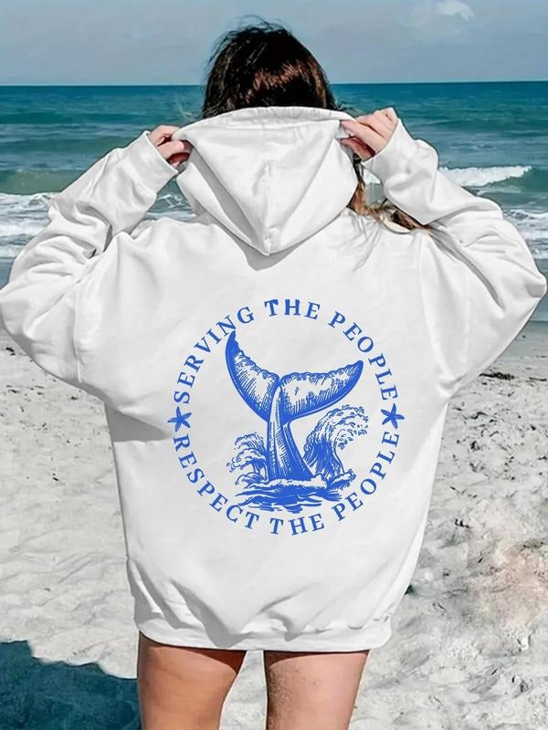 Women's Whale & Letter Print Drop Shoulder Hoodie, Fashion Casual Drawstring Pocket Hooded Sweatshirt for Daily Holiday...