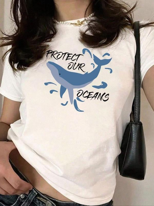 Women's Whale & Letter Print Round Neck Tee, Casual Short Sleeve Crew Neck T-shirt for Fall & Winter, Fashion Women's Top...