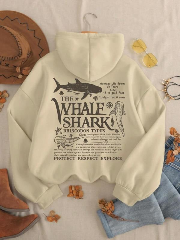 Women's Whale Shark Print Detail Hoodie, Casual Long Sleeve Hooded Sweatshirt for Fall & Winter, Women's Clothes for...
