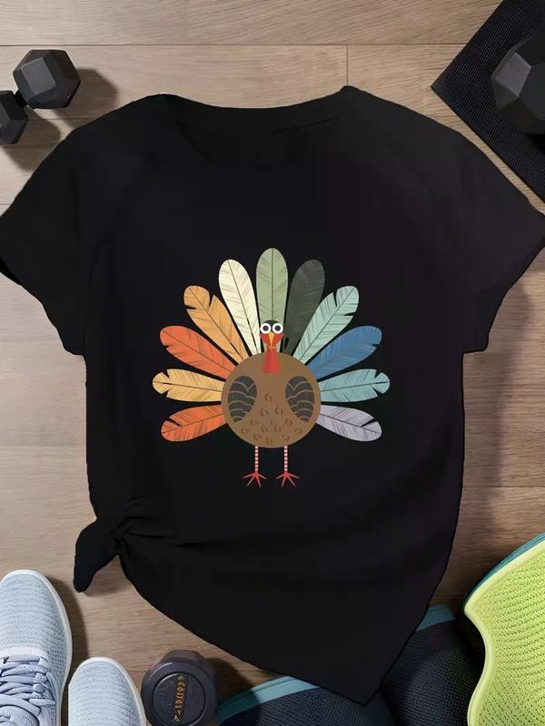 Women's Whimsical Turkey Graphic-Shirt - Casual s Tee, Short Sleeve, Round Neck, Washable