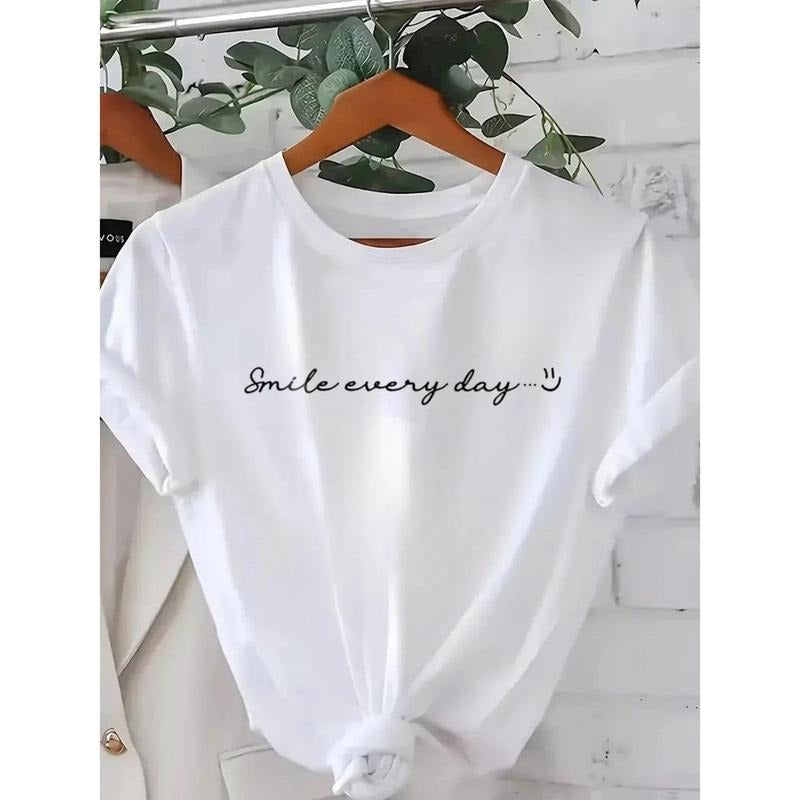Women's White Cotton T-Shirt with "Smile Everyday" Cartoon Print