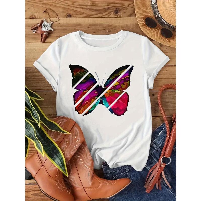 Women's White Pure Cotton Short-Sleeve T-Shirt with Vibrant Butterfly Graphic Print