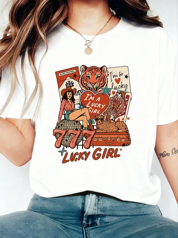Women's White Vintage T-Shirt with "Lucky Girl" 777 Tiger Print