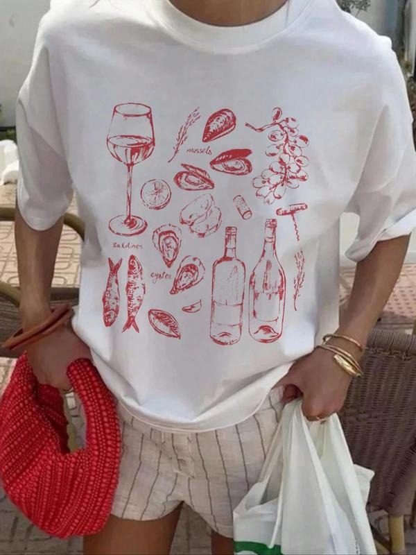Women's Wine & Seafood Print Round Neck Tee, Casual Short Sleeve Crew Neck T-shirt for Summer, Fashion Women's Top for...