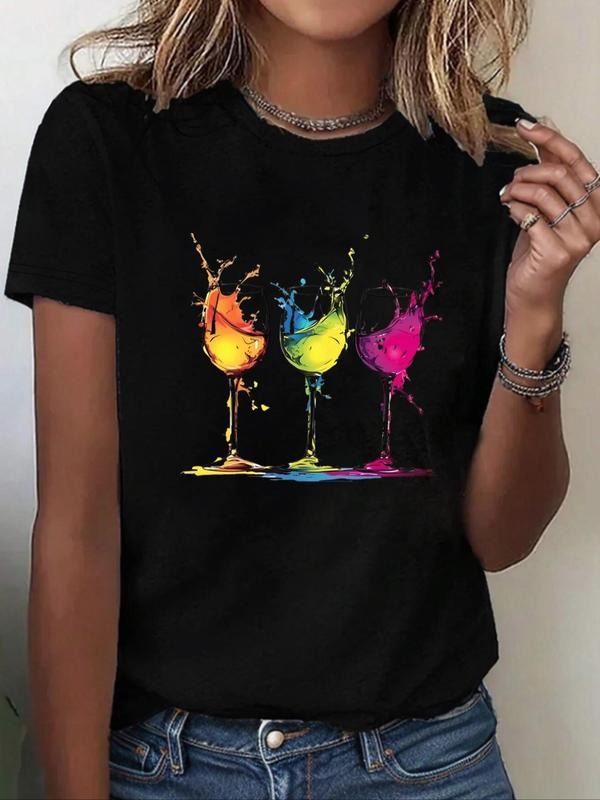Women's Wine Glass Print Round Neck Graphic Tee, Trendy Casual Short Sleeve T-shirt for Daily Wear, Ladies All Seasons...
