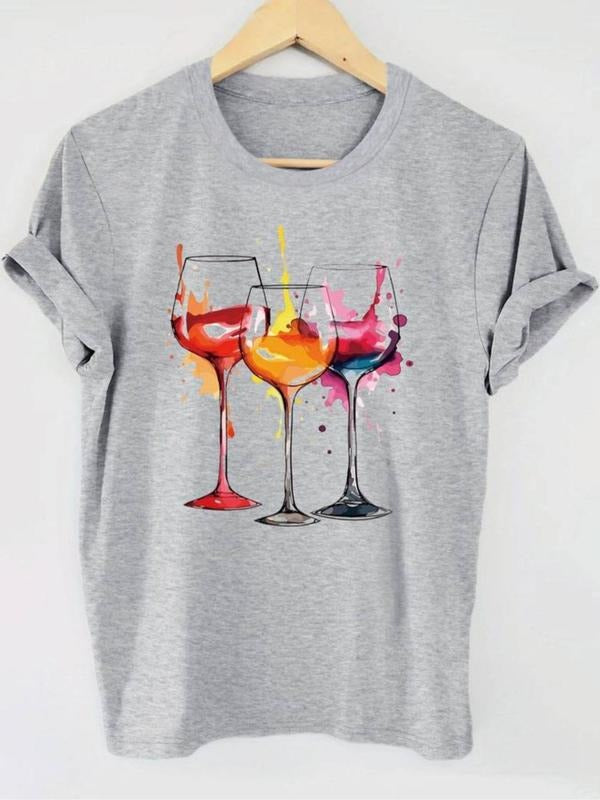 Women's Wine Glass Print Round Neck Tee, Casual Short Sleeve Crew Neck T-Shirt for Summer, Fashion Women's Top for Daily...