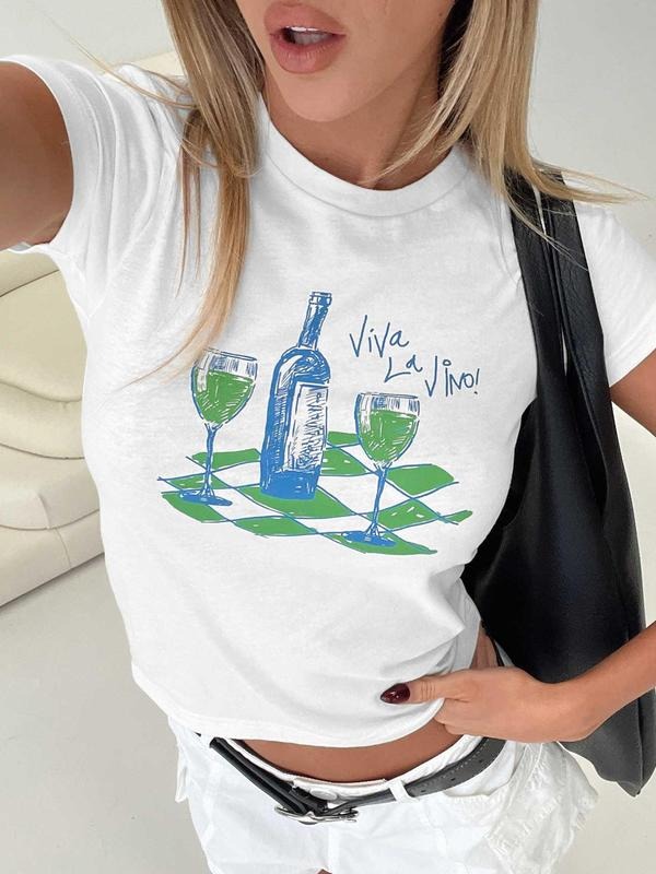 Women's Wine Glass Print Round Neck Tee, Casual Short Sleeve Crew Neck T-shirt for Summer, Fashion Women's Top for Daily...