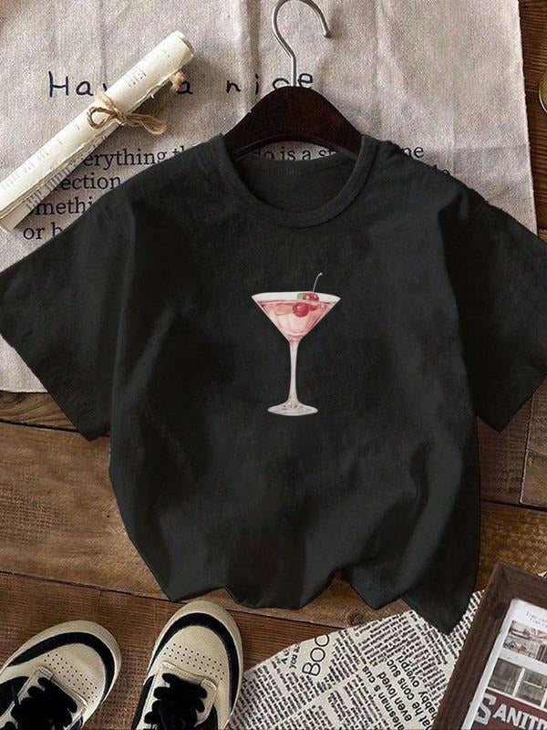 Women's Wine Graphic Round Neck Tee, Casual Short Sleeve Crew Neck T-Shirt for Summer, Fashion Women's Top for Daily Wear...