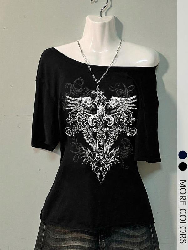 Women's Wing Print & Gothic Style Print Regular Fit Asymmetrical Neckline T-Shirt, Casual Gothic Top For All Seasons,...