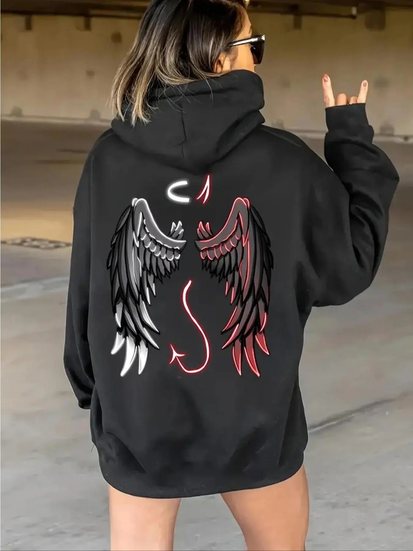 Women's Wing Print Drop Shoulder Hoodie, Fashion Casual Drawstring Pocket Hooded Sweatshirt for Daily Holiday Outdoor...