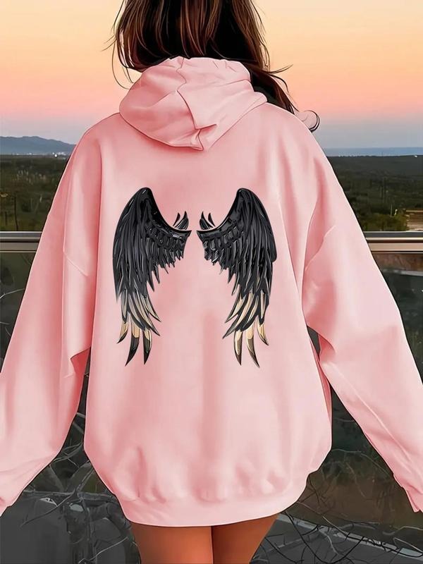 Women's Wings Print Drop Shoulder Hoodie, Fashion Casual Drawstring Pocket Hooded Sweatshirt for Daily Holiday Outdoor...