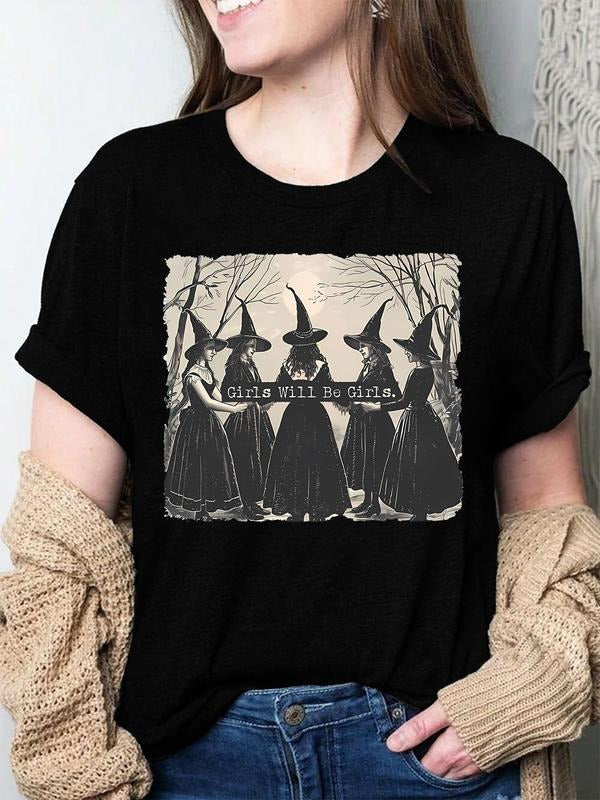 Witch & Letter Print Crew Neck Casual Round Neck Short Sleeve Daily Summer Clothes T-Shirts, Hoodie, Sweatshirt