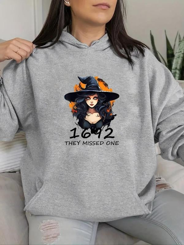 Women's Witch & Number Print Drawstring Hoodie, Casual Graphic Kangaroo Pocket Drop Shoulder Hooded Sweatshirt, Ladies...